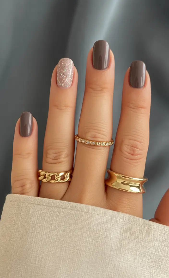 2025 Minimalist Fall Nails Smoky Taupe with Glitter Accent