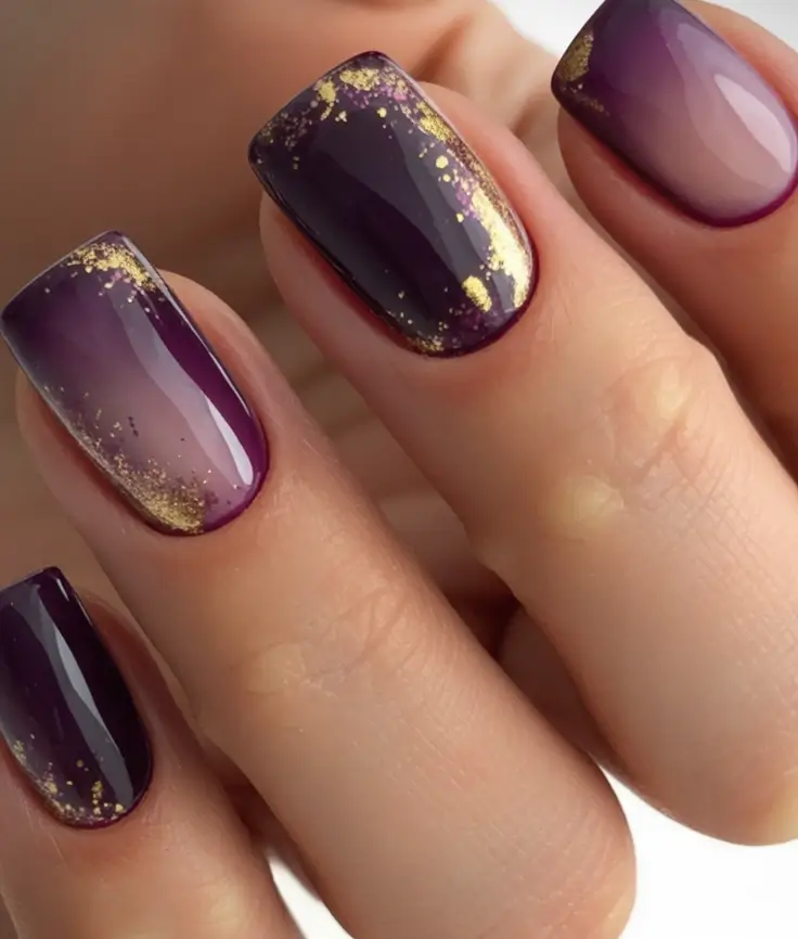 2025 Minimalist Fall Nails Ombre Plum with Gold Dust