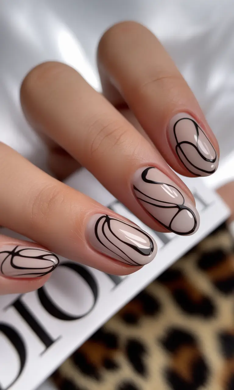 2025 Minimalist Fall Nails Abstract Black Lines