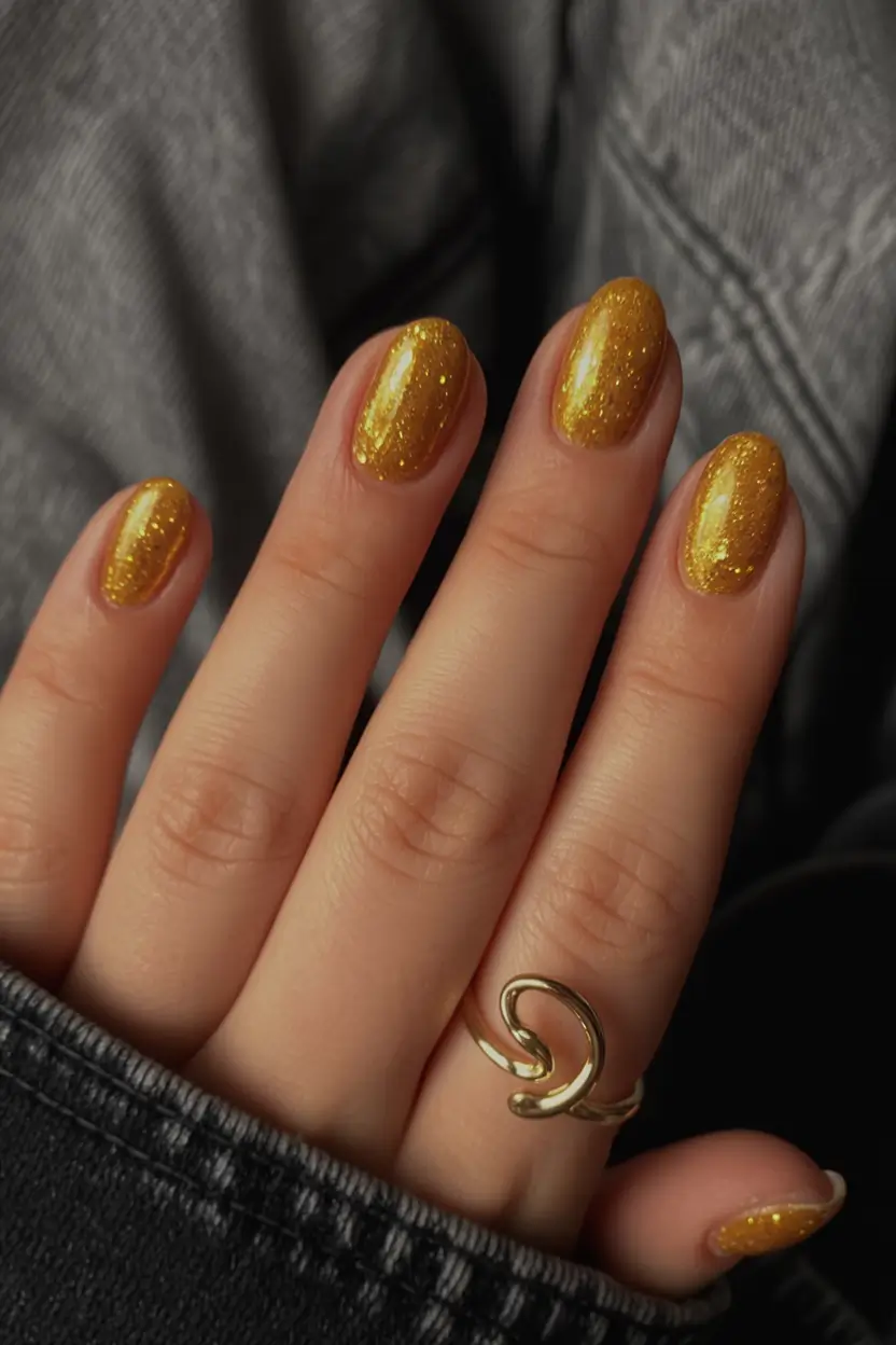 2025 Minimalist Fall Nails Golden Glitter Glow