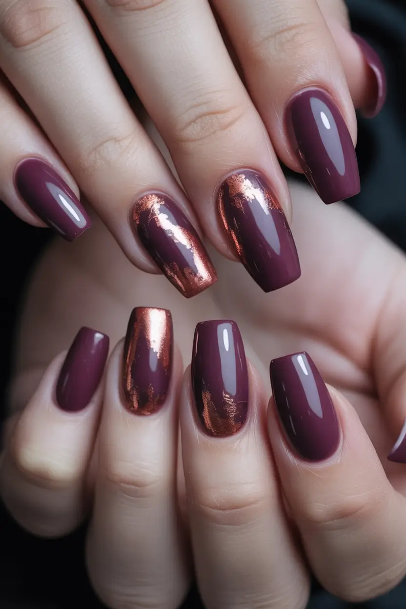 2025 Minimalist Fall Nails Plum with Copper Foil