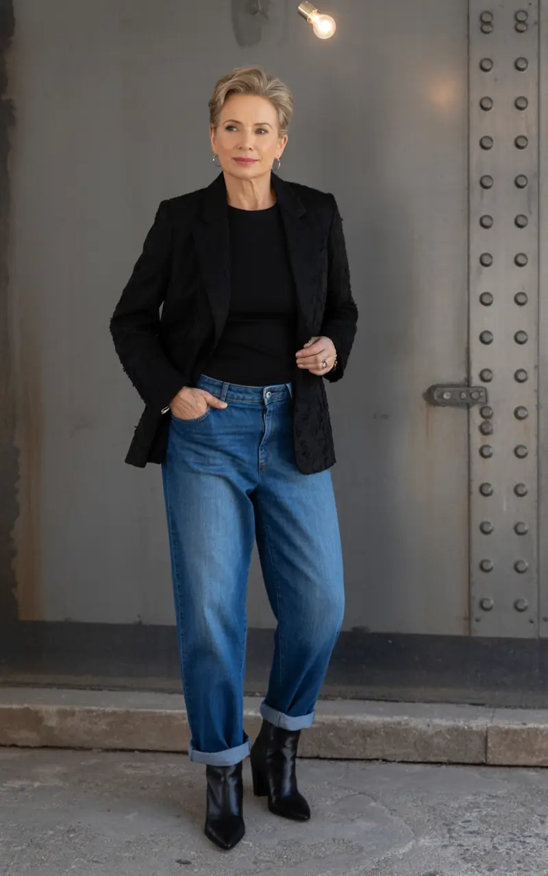 age-friendly fall outfits for 60+ women in 2025 Black Blazer Energy with Boyfriend Denim
