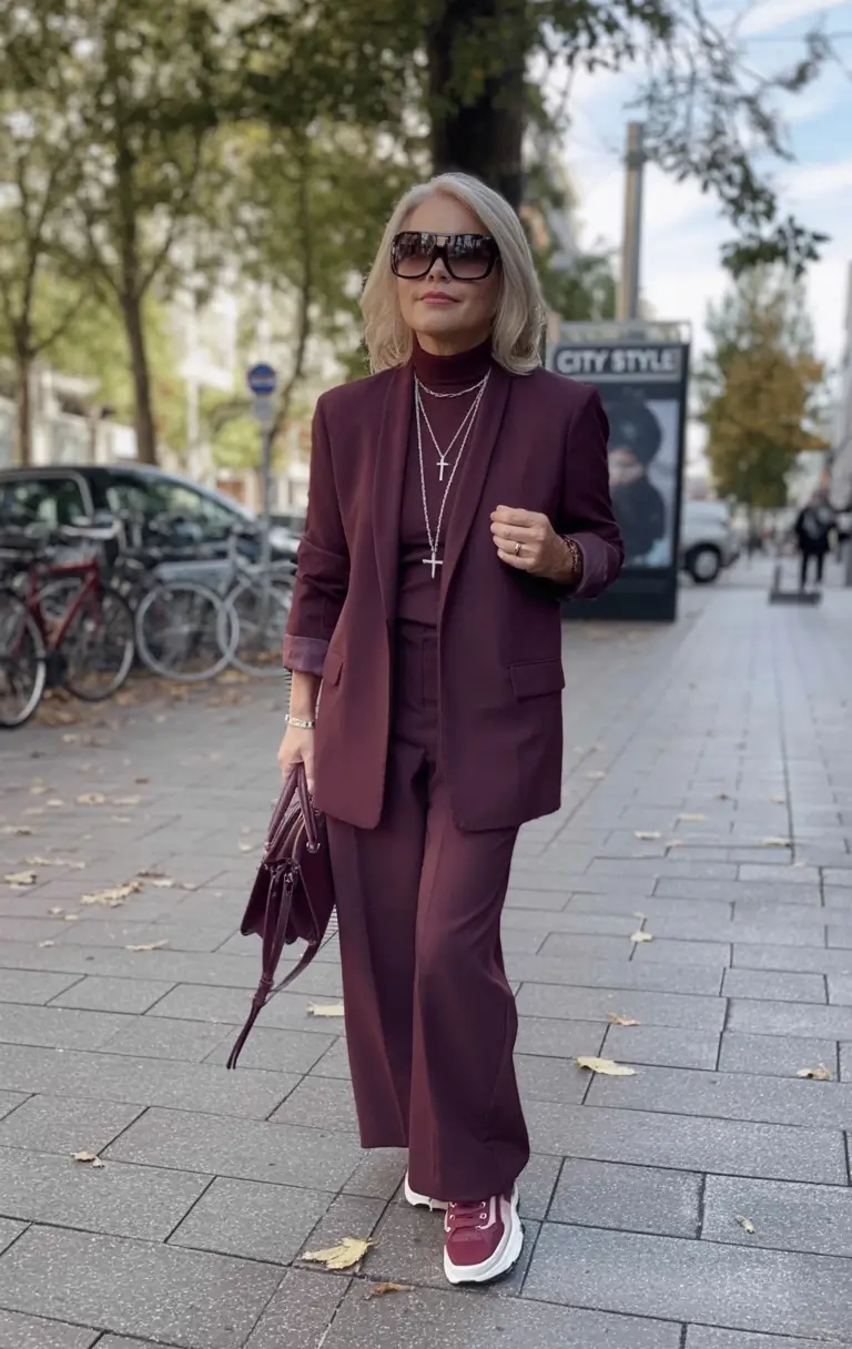 age-friendly fall outfits for 60+ women in 2025 Wine Monochrome Meets Comfort Sport