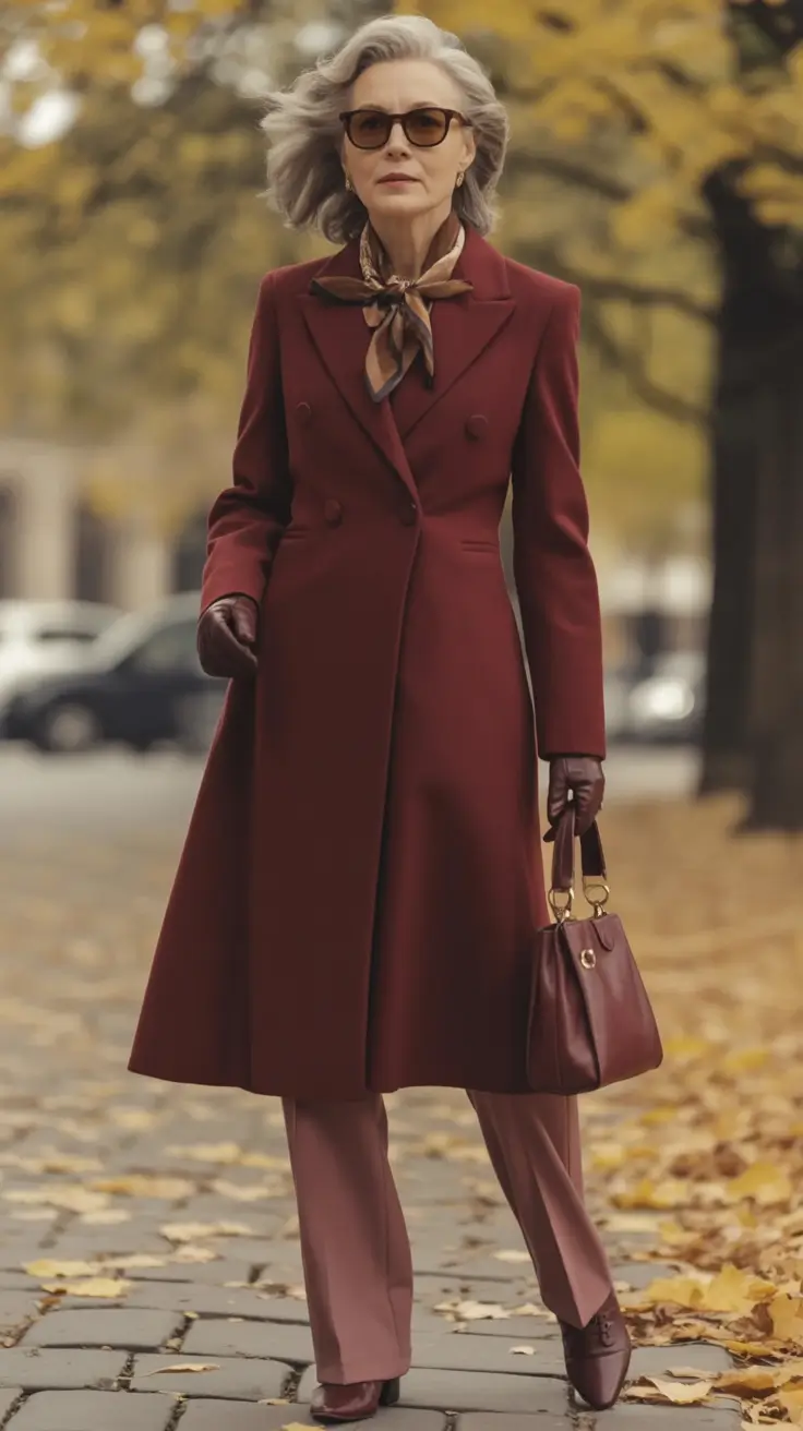 age-friendly fall outfits for 60+ women in 2025 Burgundy Elegance in Motion