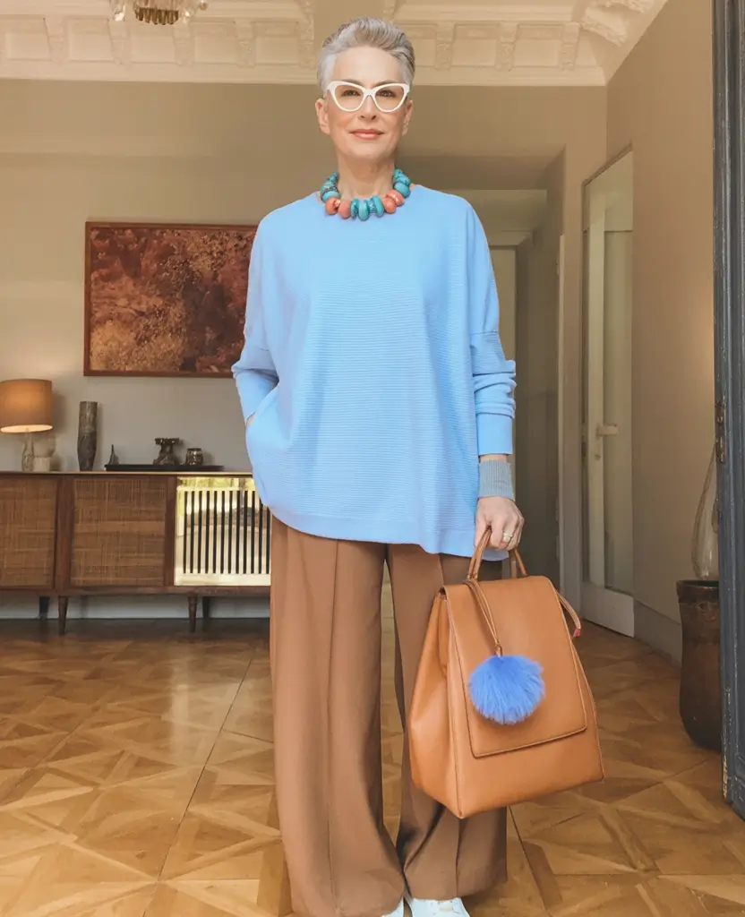 age-friendly fall outfits for 60+ women in 2025 Powder Blue Meets Camel Comfort