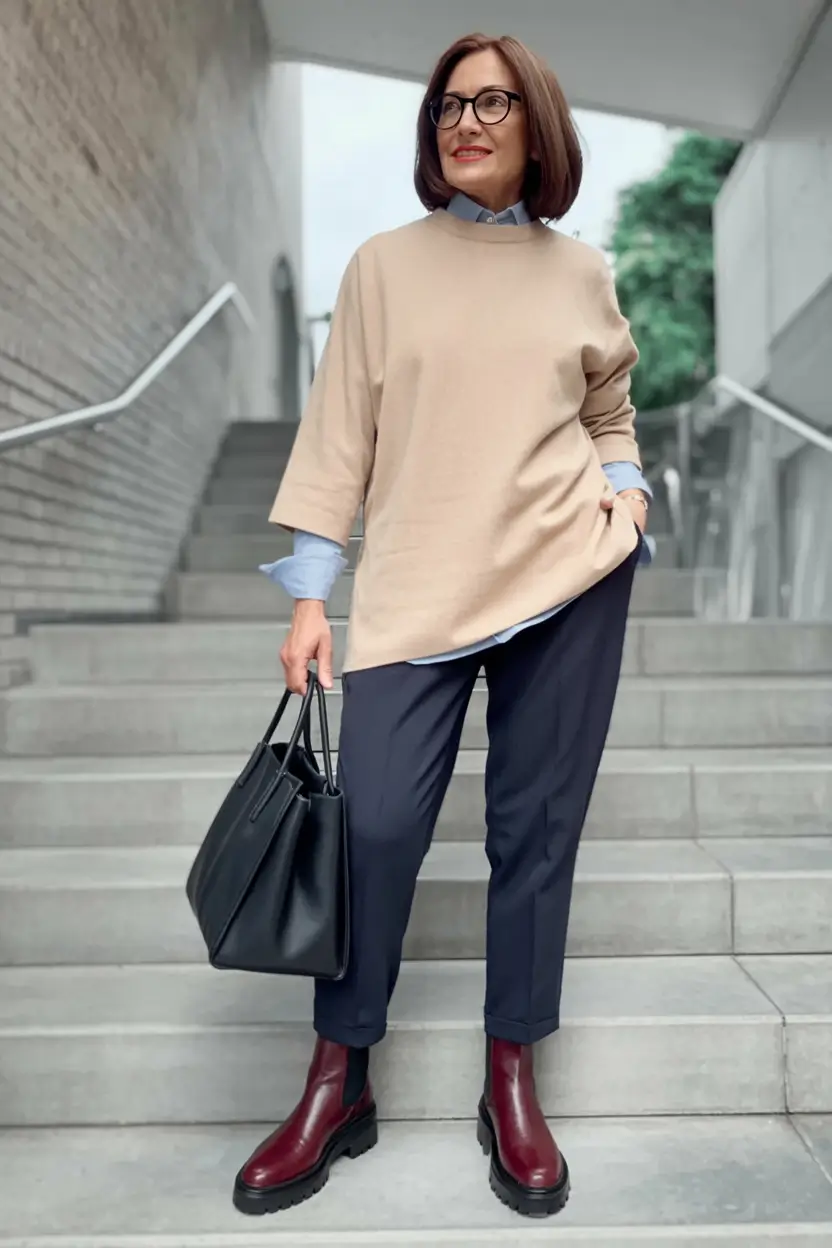 age-friendly fall outfits for 60+ women in 2025 Modern Neutrals with a Bold Boot
