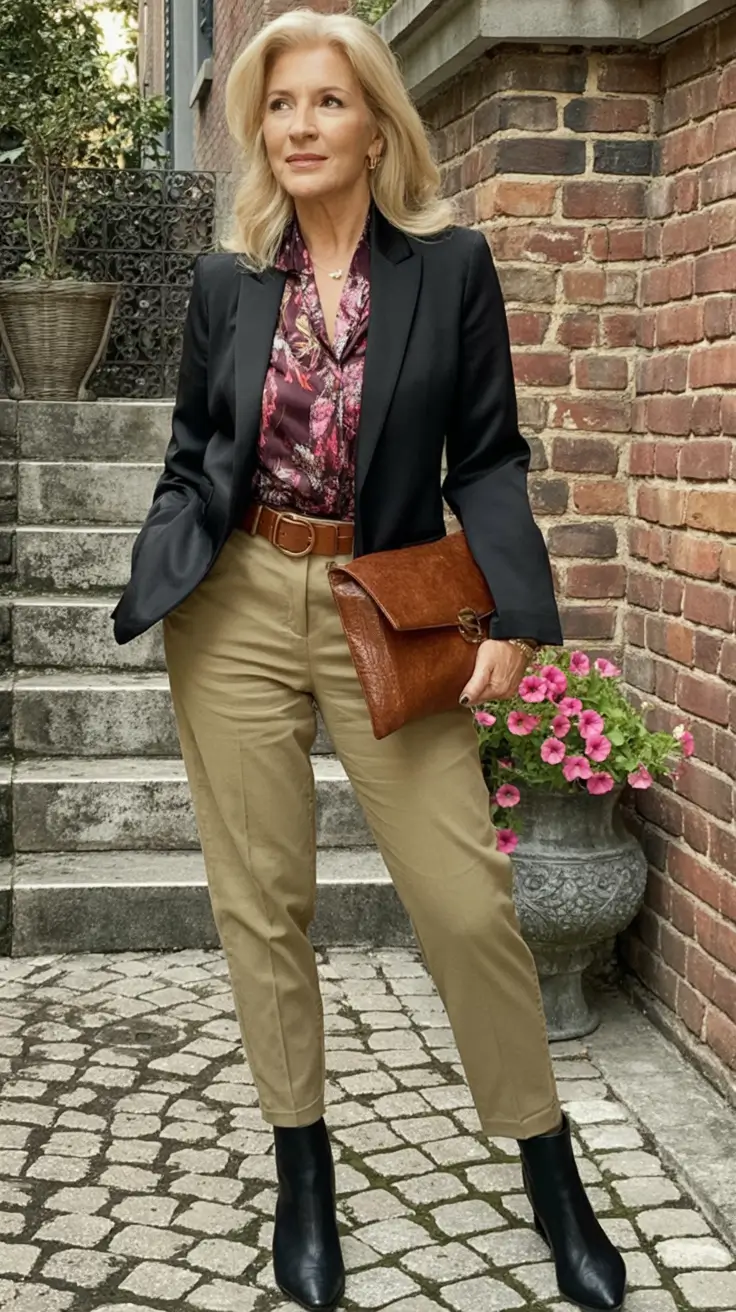 age-friendly fall outfits for 60+ women in 2025 Floral Contrast with Modern Neutrals
