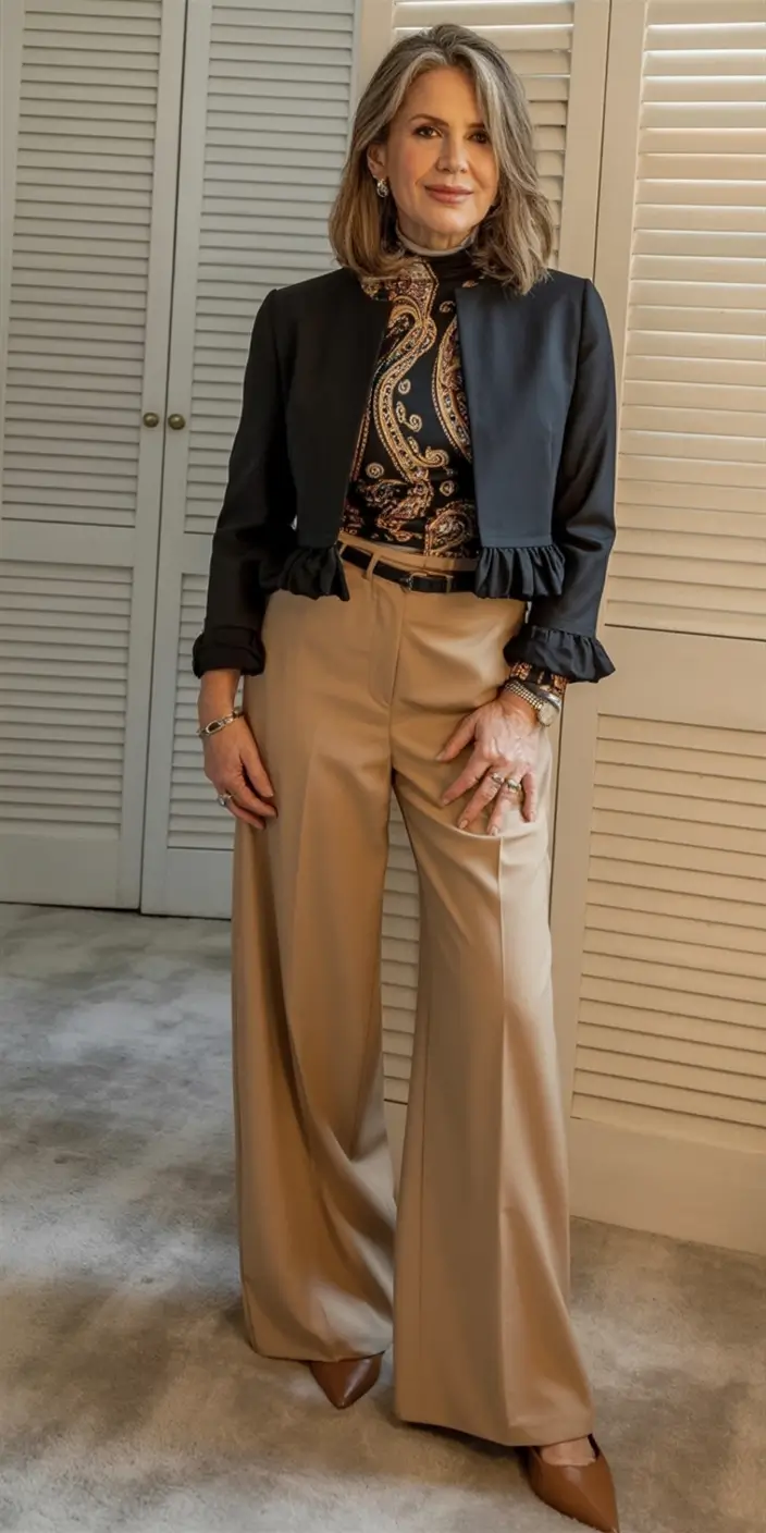 age-friendly fall outfits for 60+ women in 2025 Refined Drama in Paisley and Volume