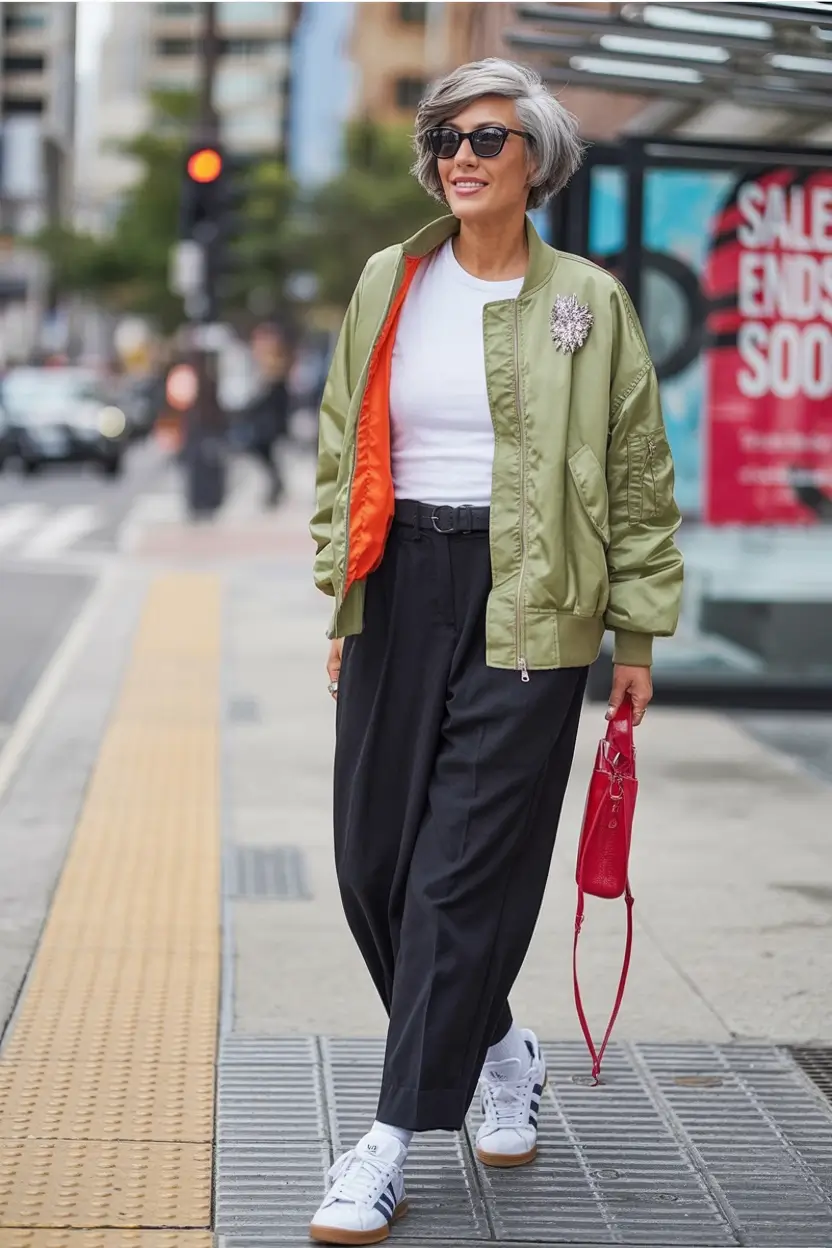 age-friendly fall outfits for 60+ women in 2025 Bomber Jacket Energy