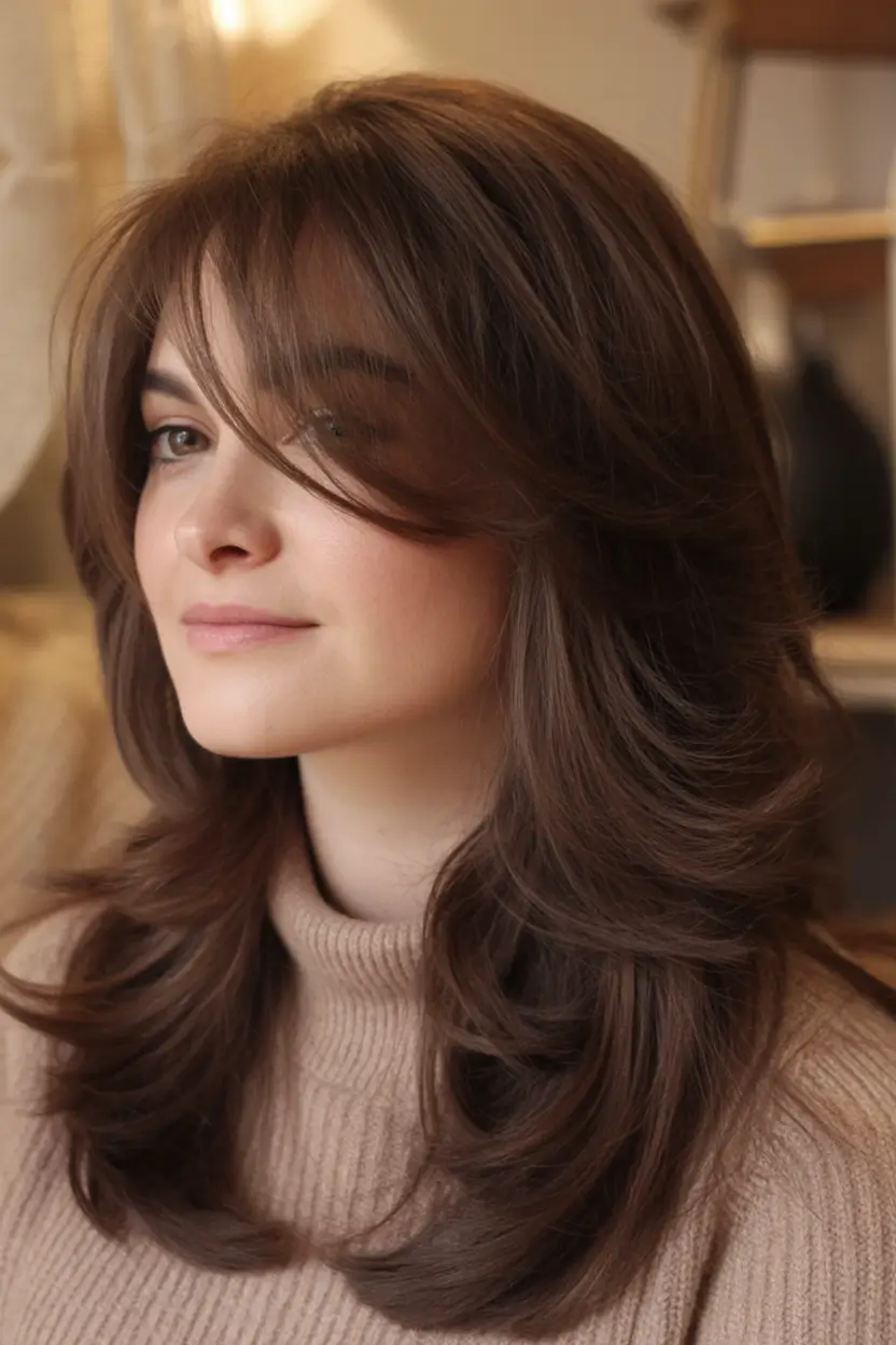 Best Fall Haircuts for Round Faces in 2025 Feathered Layers with Curtain Bangs