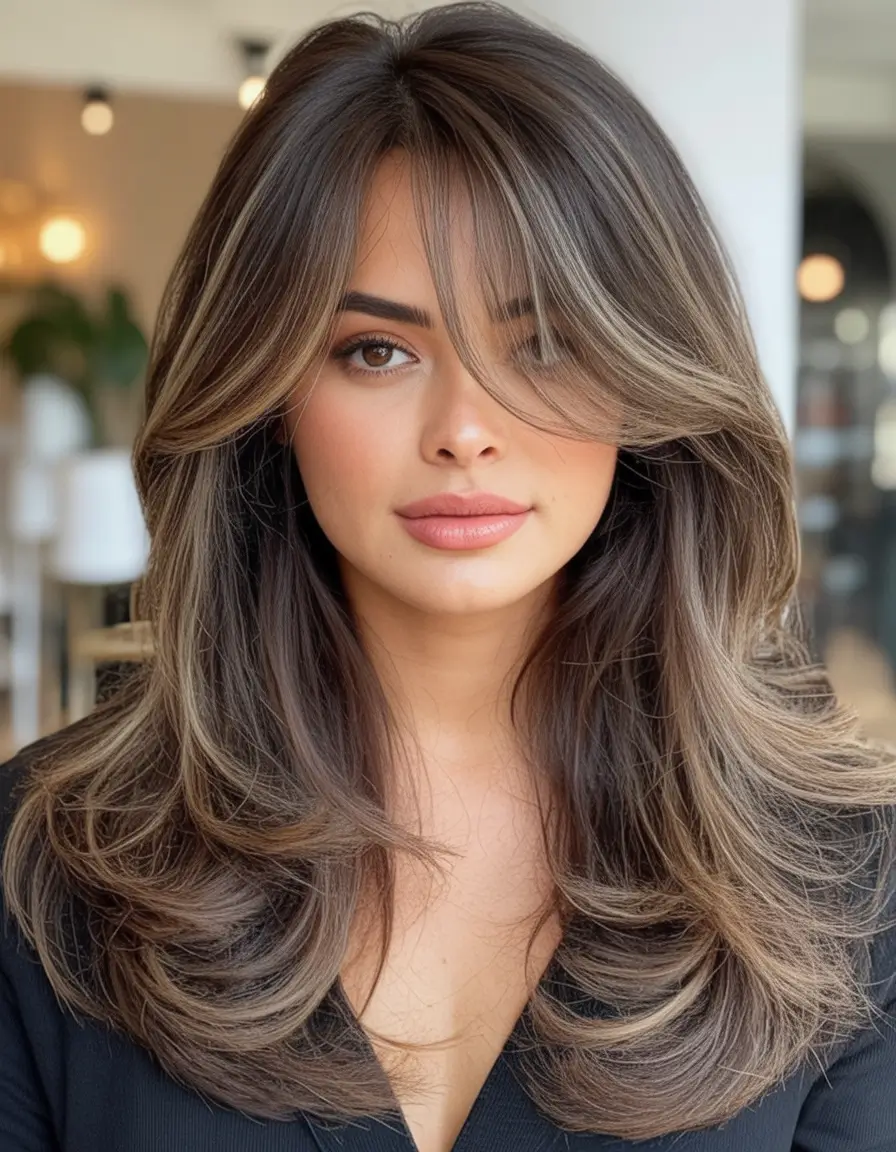 Best Fall Haircuts for Round Faces in 2025 Long Layered Hair with Curtain Bangs