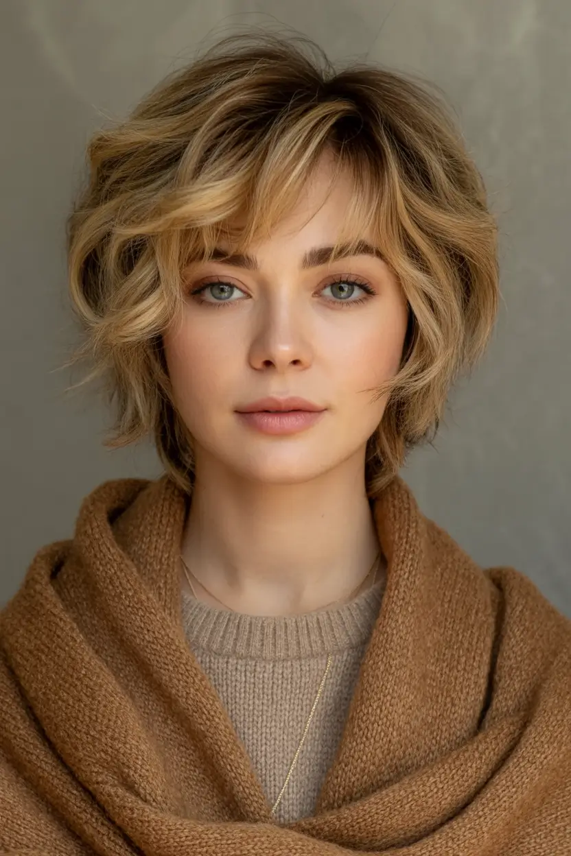 Best Fall Haircuts for Round Faces in 2025 Short Wolfcut with Warm Blonde Texture