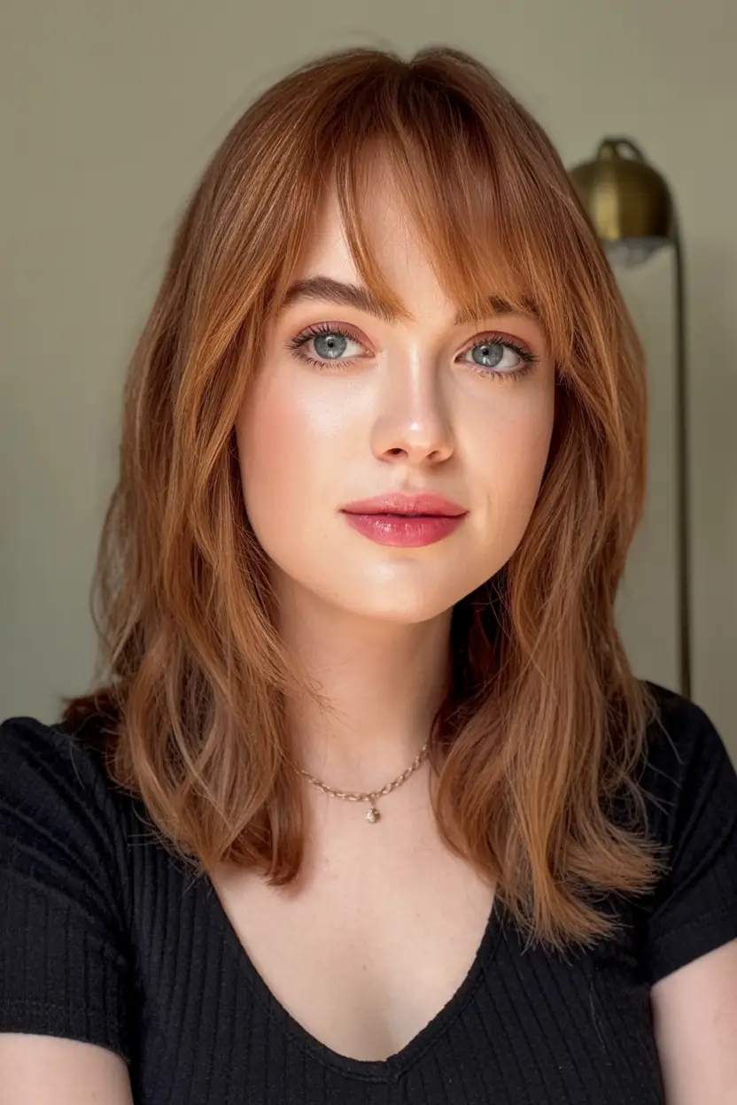 Best Fall Haircuts for Round Faces in 2025 Rusty Caramel Shag with Curtain Bangs