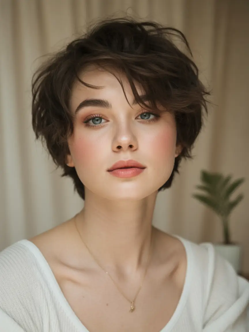 Best Fall Haircuts for Round Faces in 2025 Short Tousled Pixie with Tapered Sides