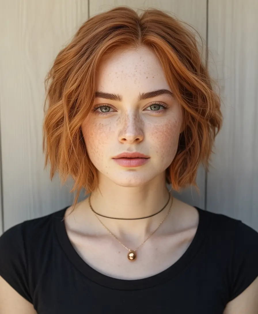 Best Fall Haircuts for Round Faces in 2025 Copper Bob with Wavy Texture
