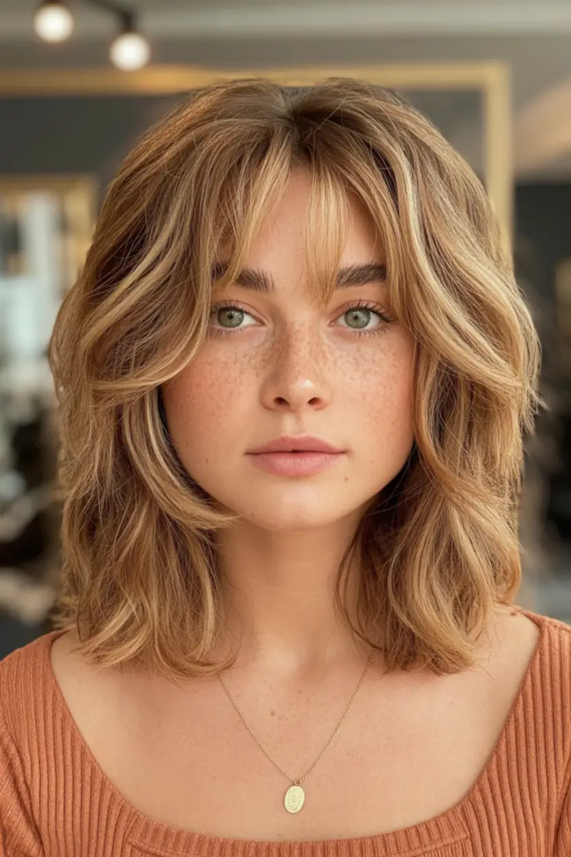 Best Fall Haircuts for Round Faces in 2025 Shaggy Curtain Bangs with Sun-Kissed Waves