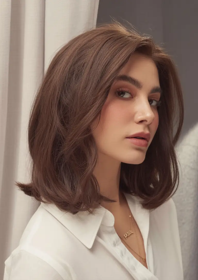 Best Fall Haircuts for Round Faces in 2025 Polished Shoulder-Length Cut with Full Volume