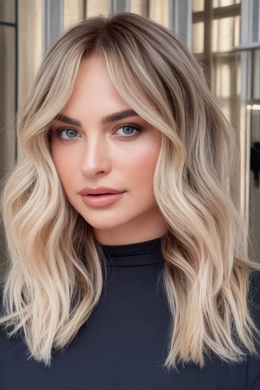 Best Fall Haircuts for Round Faces in 2025 Cool-Toned Blonde Waves with Curtain Bangs