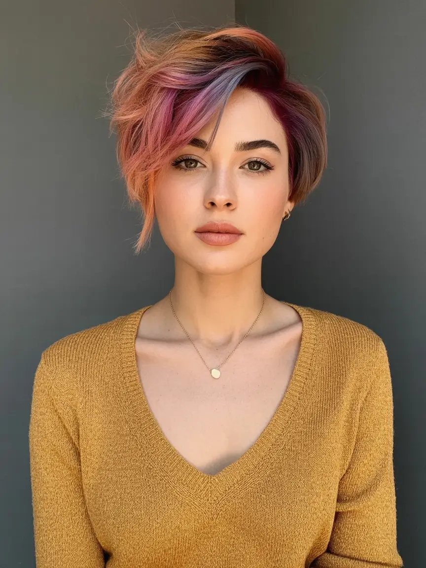 Best Fall Haircuts for Round Faces in 2025 Rainbow Asymmetrical Crop with Fall Attitude