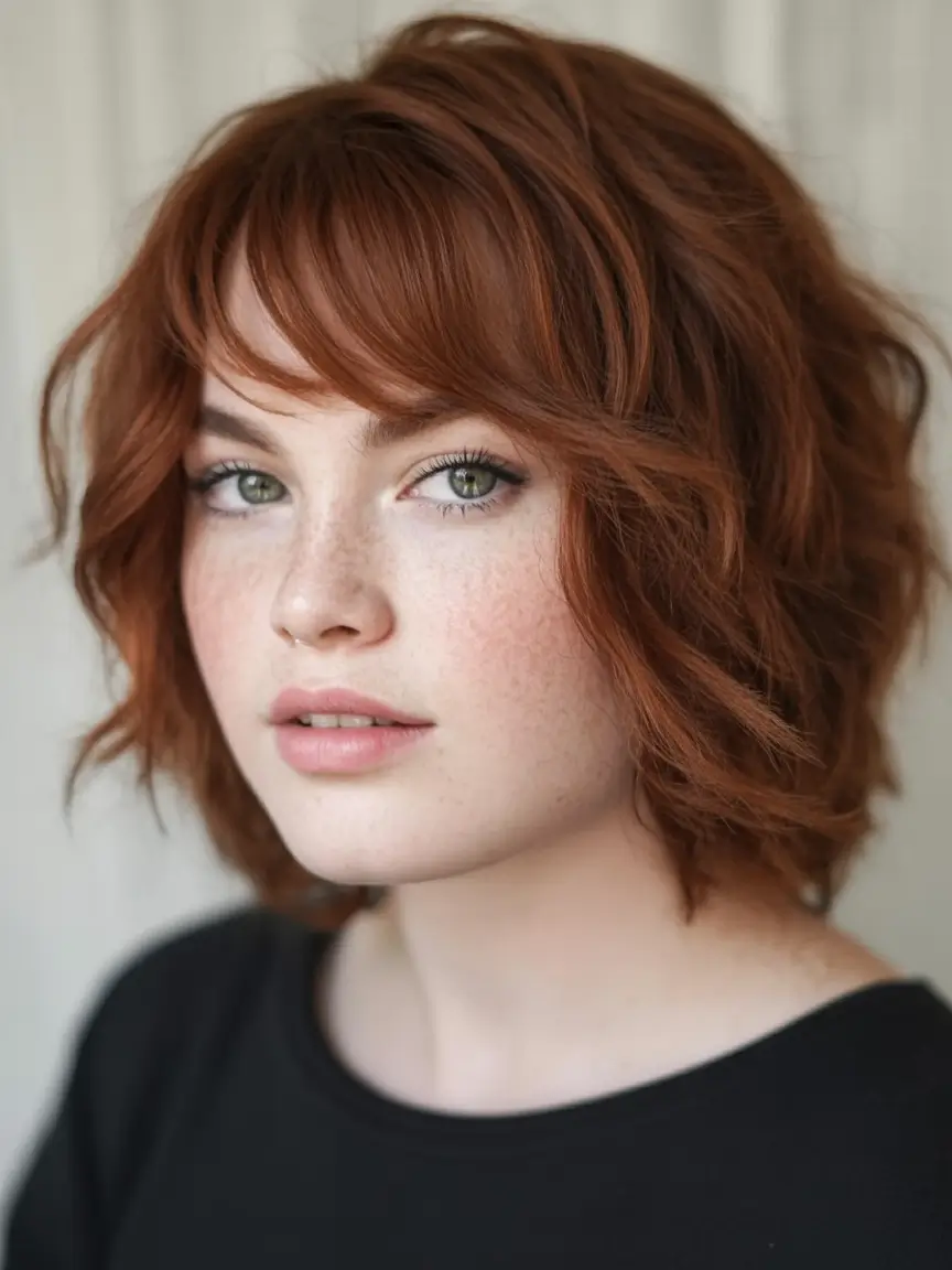 Best Fall Haircuts for Round Faces in 2025 Soft Copper Bob with Choppy Bangs