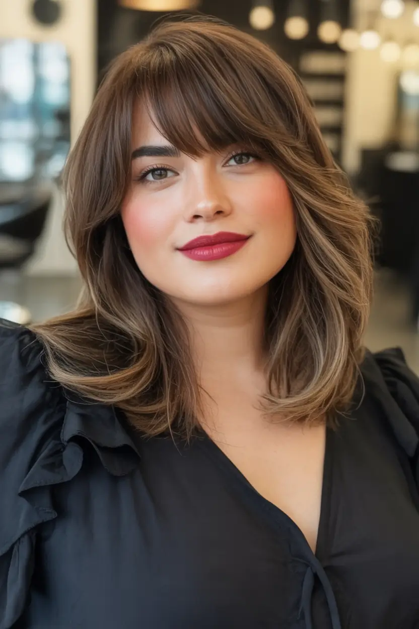 Best Fall Haircuts for Round Faces in 2025 Medium Layers with Glossy Bangs