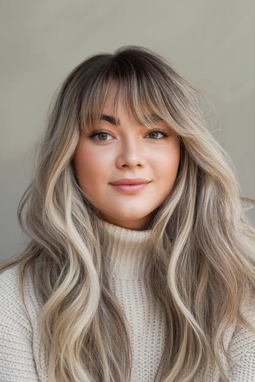 Best Fall Haircuts for Round Faces in 2025 Wavy Blonde Balayage with Long Curtain Bangs