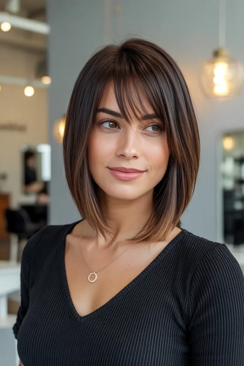 Bob Haircuts -Trending for Fall 2025 Chocolate Bob with Wispy Bangs