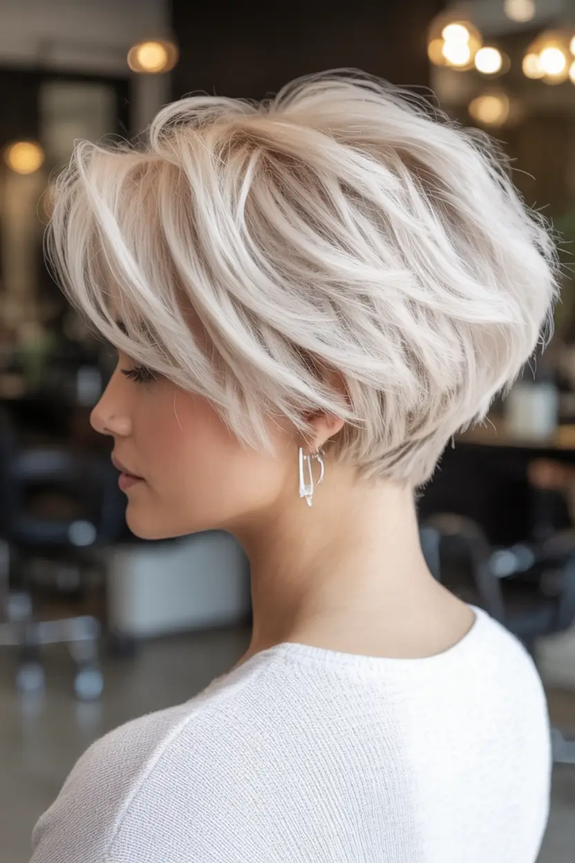 Bob Haircuts -Trending for Fall 2025 Stacked Ice Blonde Pixie Bob