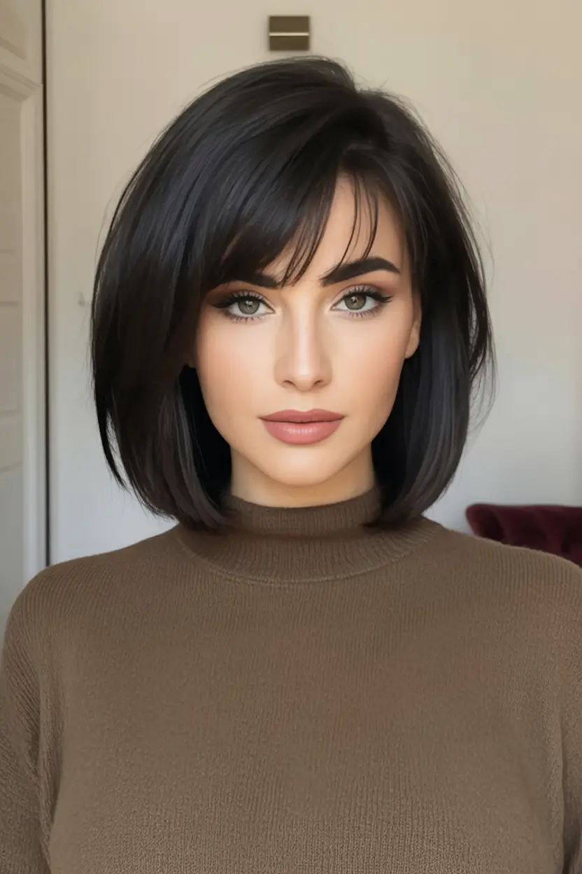 Bob Haircuts -Trending for Fall 2025 Voluminous Brunette Bob With Curtain Bangs