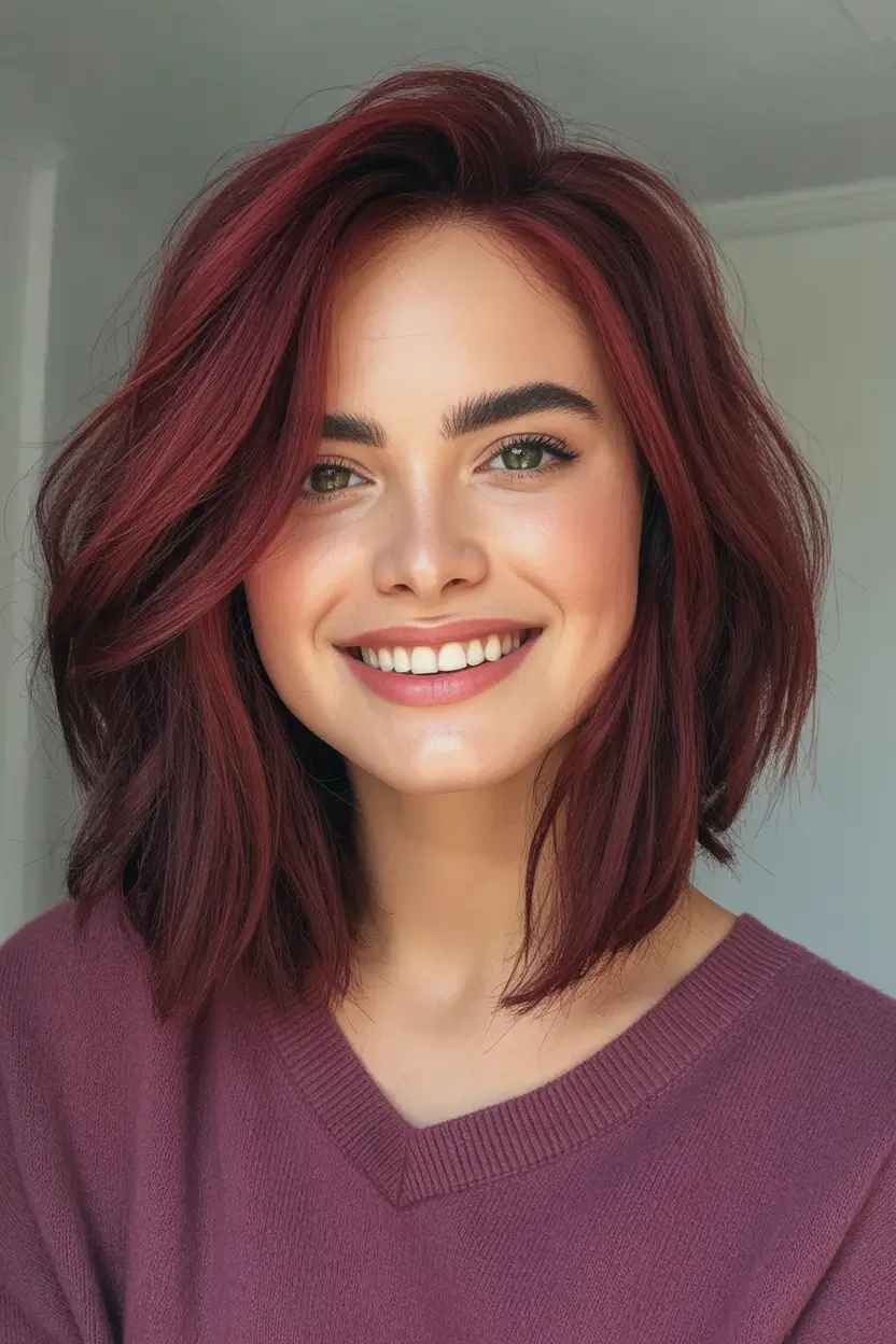 Bob Haircuts -Trending for Fall 2025 Cherry Cola Layers With Deep Side Part
