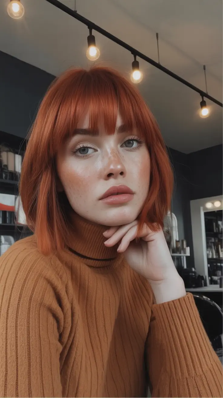Bob Haircuts -Trending for Fall 2025 Full Fringe Copper Bob With Turtleneck Flair