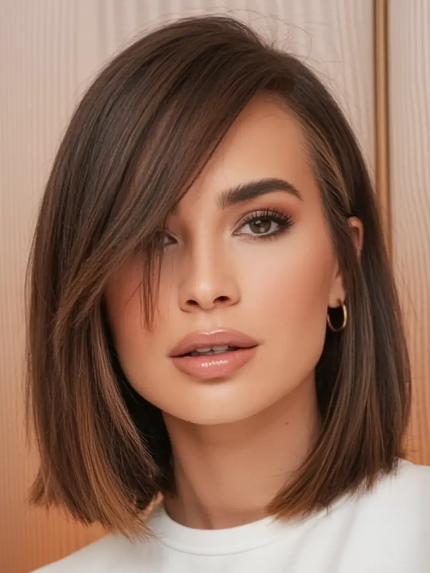 Bob Haircuts -Trending for Fall 2025 Sleek Brunette Side-Swept Precision Bob