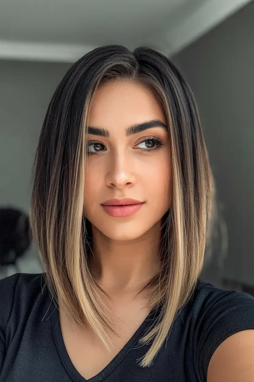 Bob Haircuts -Trending for Fall 2025 Sharp Center-Parted Bob with Blended Highlights