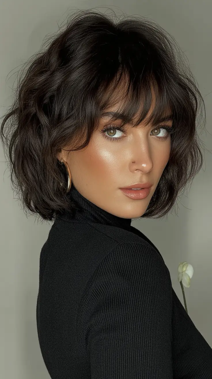 Bob Haircuts -Trending for Fall 2025 Dark Razored Bob with Soft Bangs