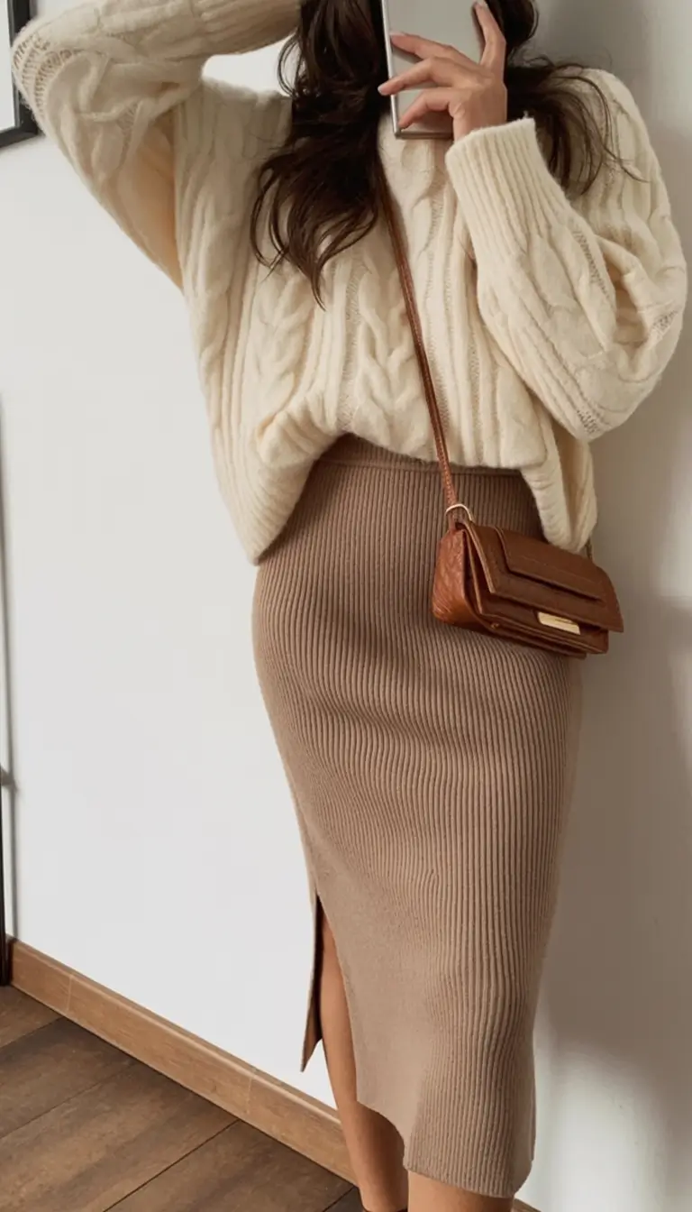 Casual September outfits Ideas 2025 Cozy Neutrals with Knit-on-Knit Texture
