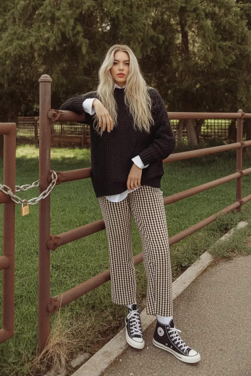 Casual September outfits Ideas 2025 Relaxed Layers with a Touch of Check