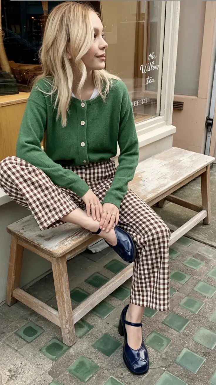 Casual September outfits Ideas 2025 Playful Gingham with Emerald Charm