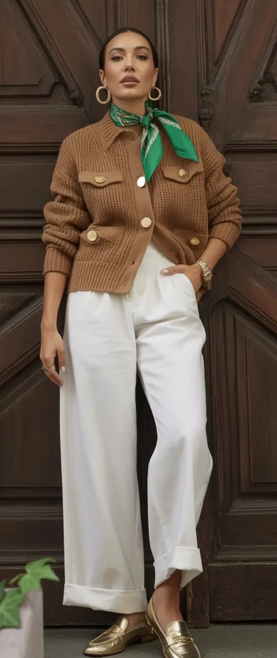 Casual September outfits Ideas 2025 Polished Neutrals with a Pop of Green