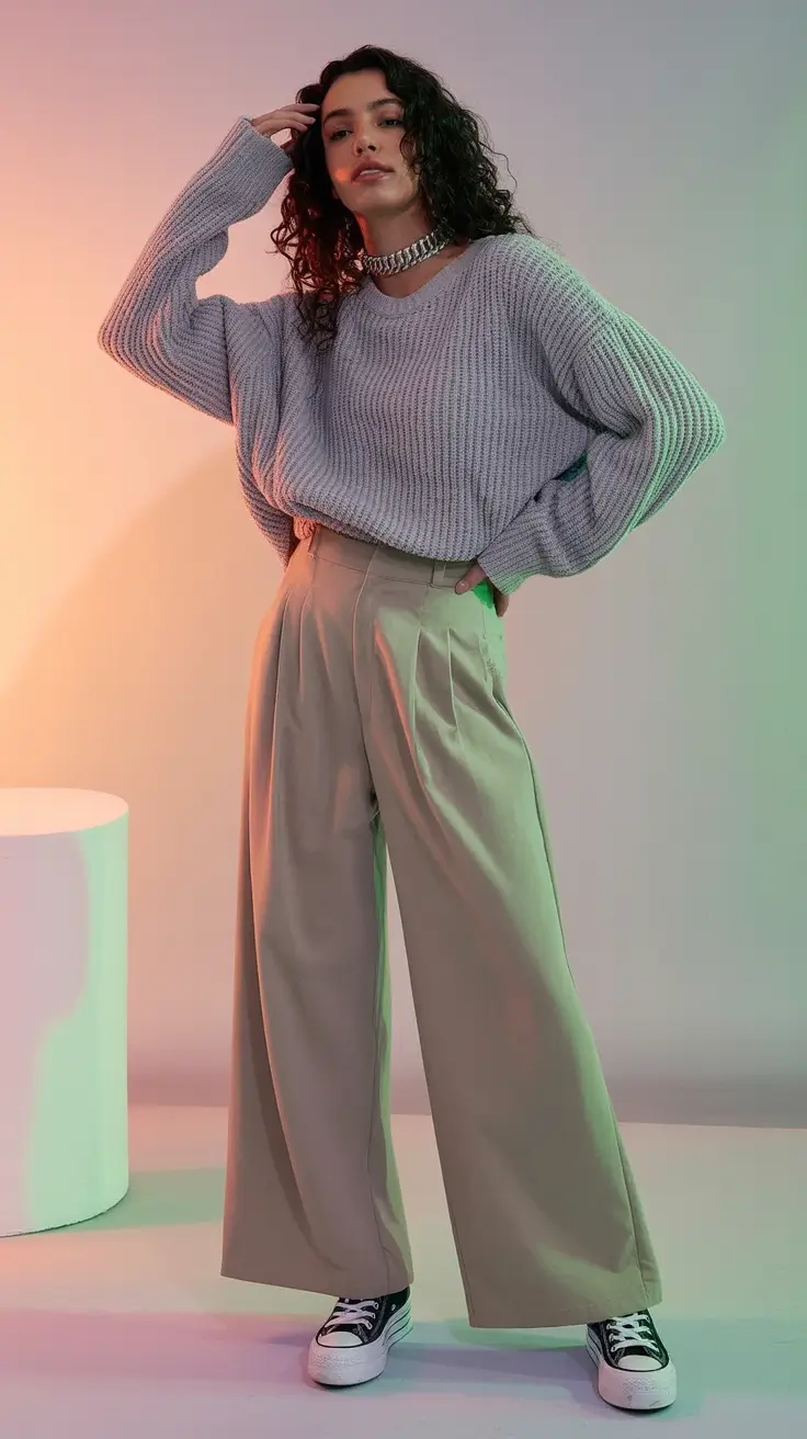 Casual September outfits Ideas 2025 Soft Grey Drama with Wide-Leg Ease