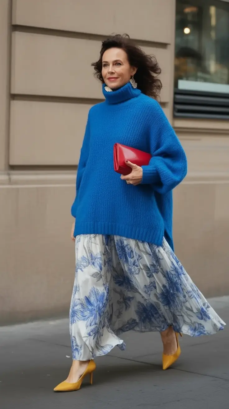 Casual September outfits Ideas 2025 Royal Blue Layers with Floral Flow