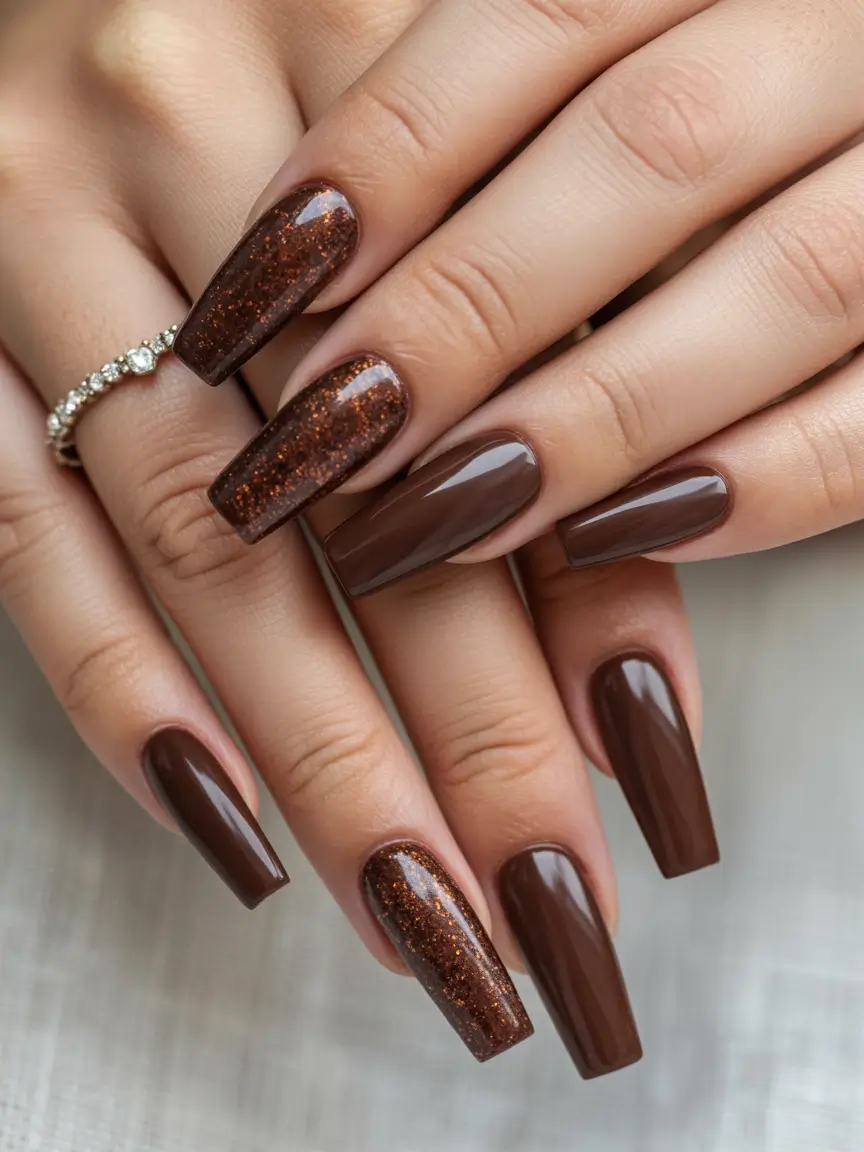 Fall Nail Colors for Brown Skin 2025 – Glossy Mocha with a Hint of Sparkle