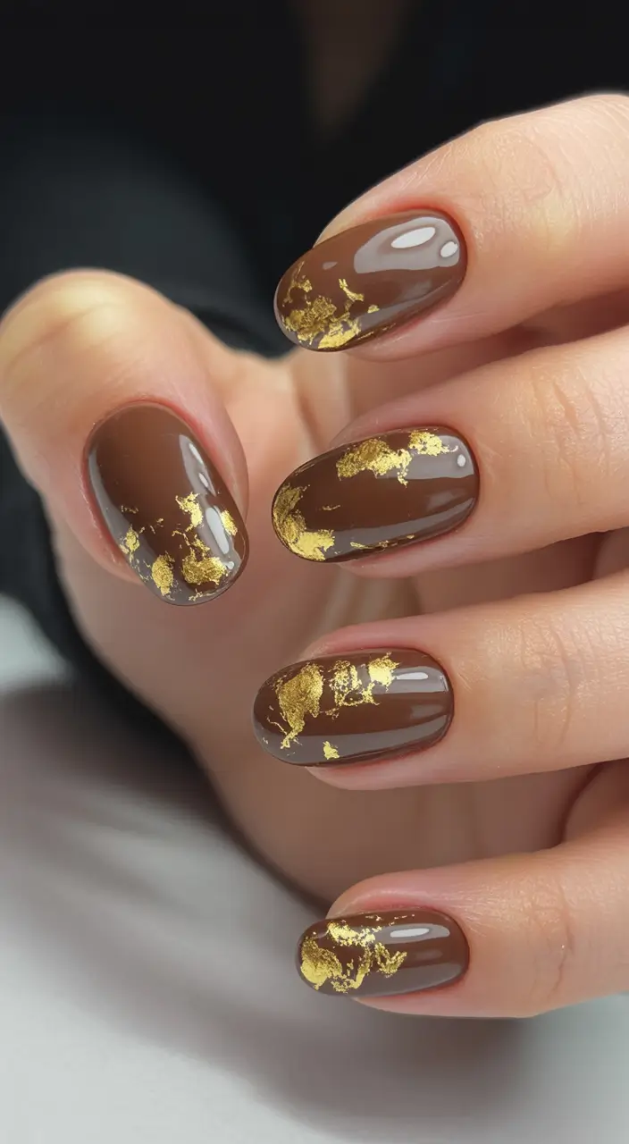 Fall Nail Colors for Brown Skin 2025 Golden Touch on Deep Chocolate Nails