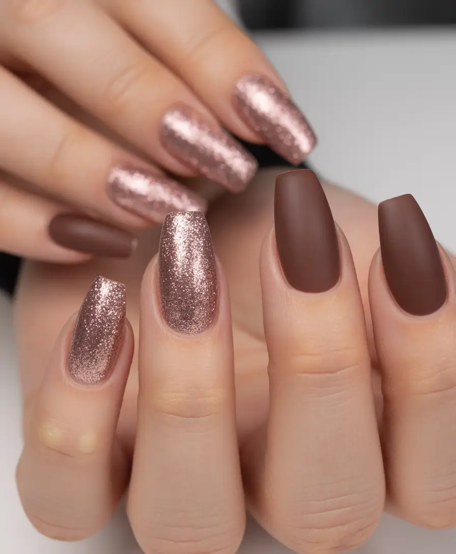 Fall Nail Colors for Brown Skin 2025 Rose Gold Spark & Mocha Matte