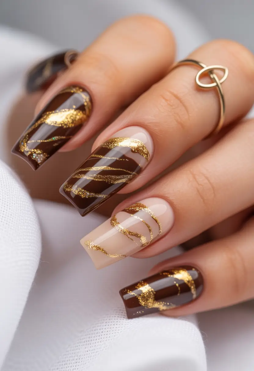 Fall Nail Colors for Brown Skin 2025 Golden Swirl Elegance