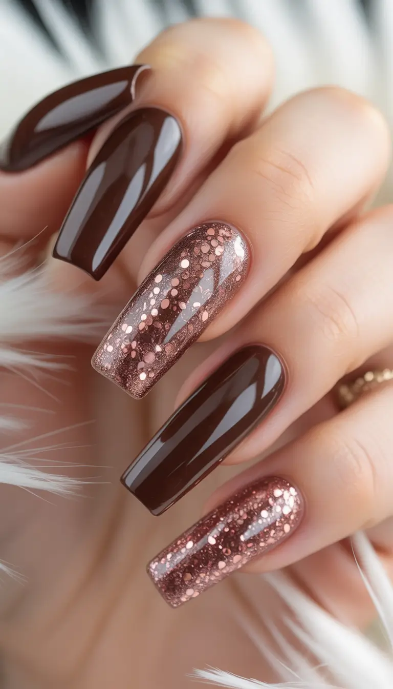 Fall Nail Colors for Brown Skin 2025 Chocolate Shine with Glitter Accents