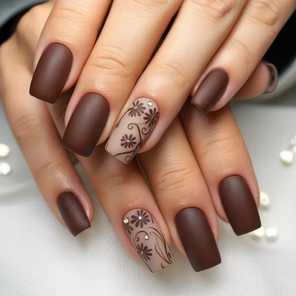 Fall Nail Colors for Brown Skin 2025 Matte Mocha Florals