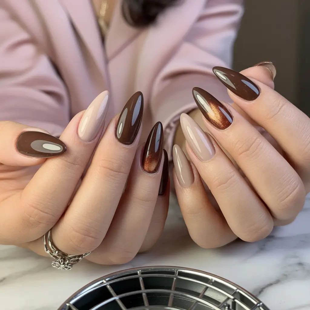 Fall Nail Colors for Brown Skin 2025 Glossy Almond Brown & Nude Mix