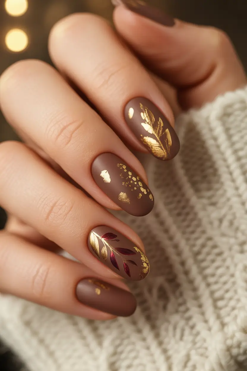 Fall Nail Colors for Brown Skin 2025 Matte Leaves & Golden Touch