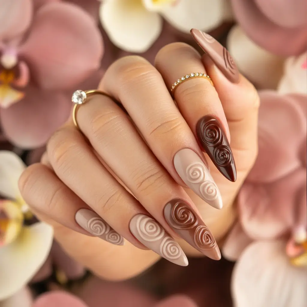 Fall Nail Colors for Brown Skin 2025 Textured Rose Swirl Design
