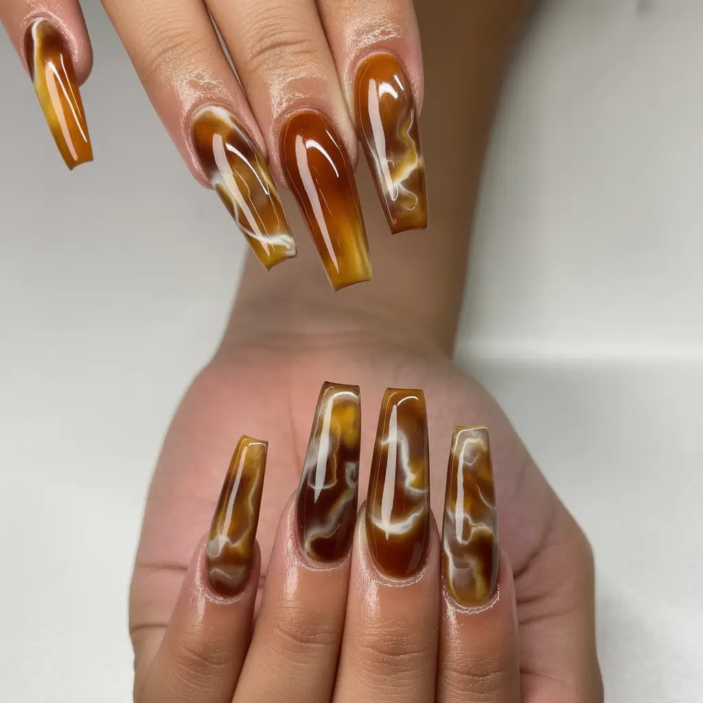 Fall Nail Colors for Brown Skin 2025 – Golden Caramel Marble